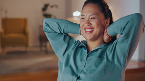 Woman,-smile-and-stretching-in-night-office-to