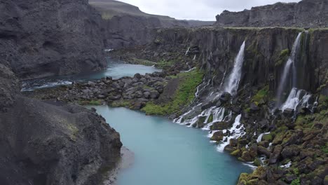 turquoise river with waterfalls in highlands