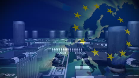 animation of flag of european union over glowing map and computer motherboard