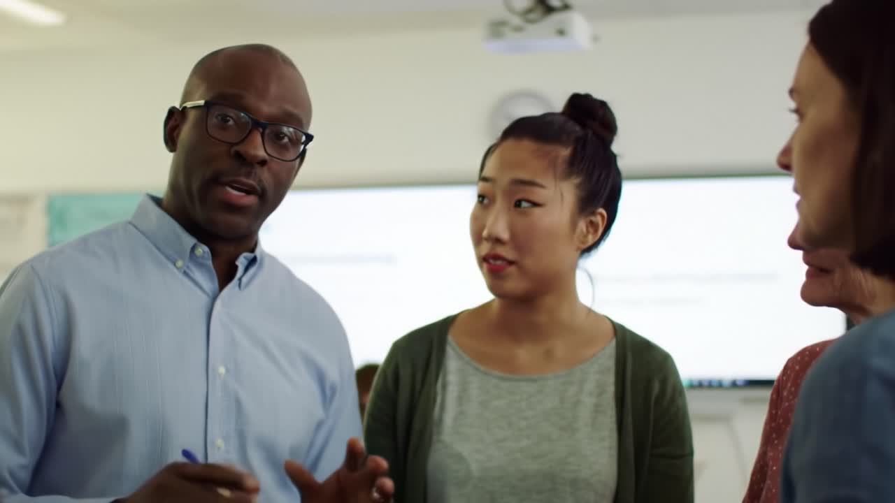A group of professionals engages in a thoughtful discussion about teamwork and innovative approaches in a contemporary office space. The atmosphere is dynamic and inclusive.