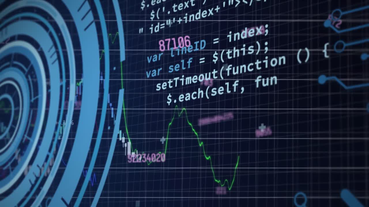둥근 스캐너, 데이터 처리 및 마이크로 프로세서 연결을 통해 변하는 숫자의 애니메이션