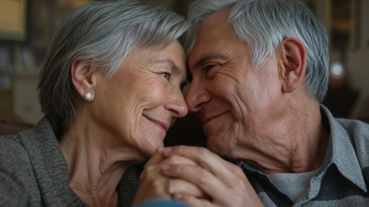 Coppia matura seduta di fronte e appoggiata, che si tiene per mano sul divano di casa, condividendo l'amore indossando lo stesso maglione