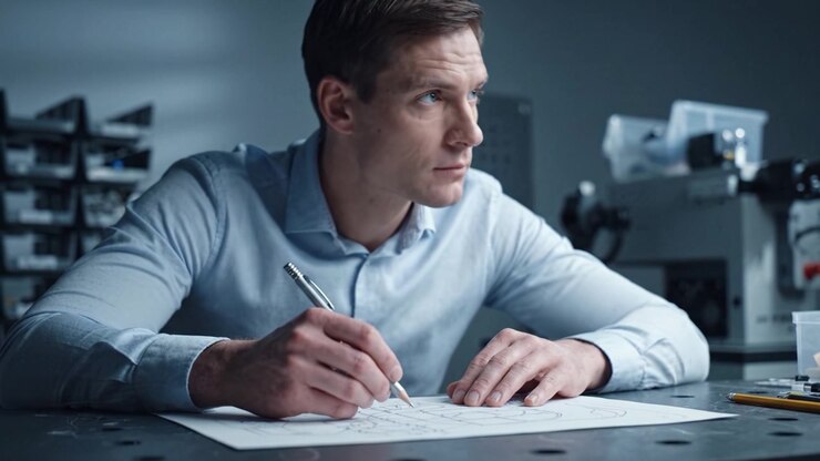 Un uomo concentrato disegna diligentemente schizzi tecnici in un ambiente di lavoro moderno, mostrando creatività e precisione mentre lavora con attenzione ai dettagli