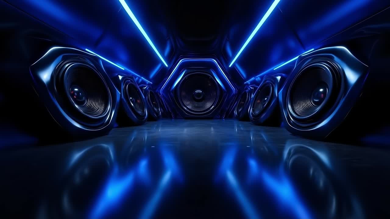 A group of speakers in a dark room with blue lights