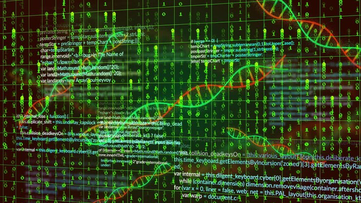 DNA strands and binary coding animation over scientific data processing