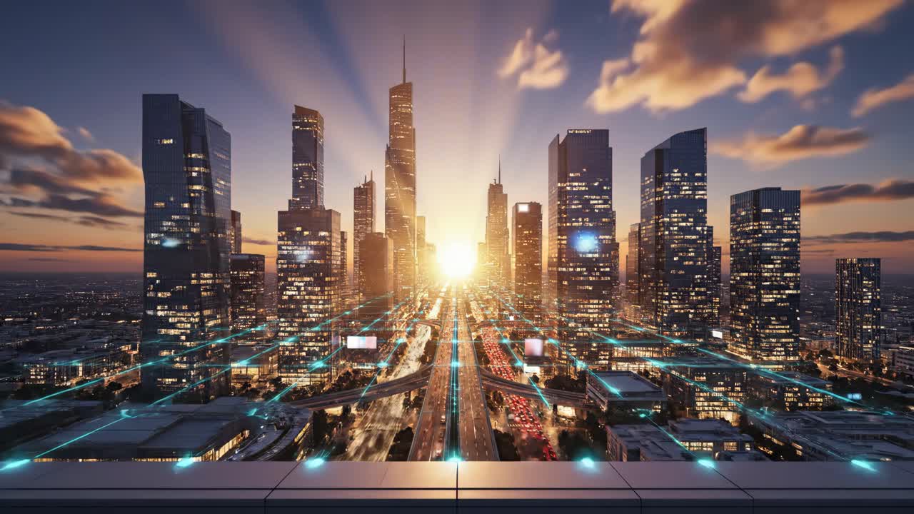 Paisaje urbano futurista e inteligente con red digital