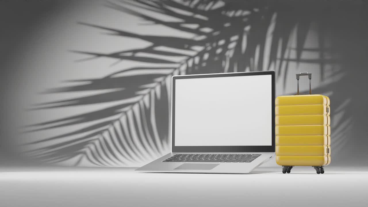 concepto de trabajo remoto nómada digital espacio de acurrucamiento durante la temporada de vacaciones 3d renderización de animación maleta portátil conexión a internet y palmera