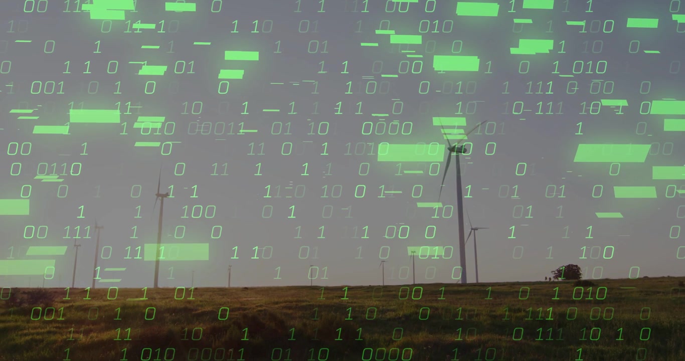 Group of white wind turbines standing on grassy hill at wind farm, green binary overlay falling
