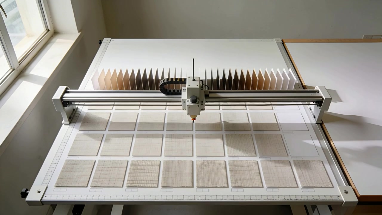 Starting command, moving flatbed gantry tracing rows at table, cutting blanks, accordion stack fans