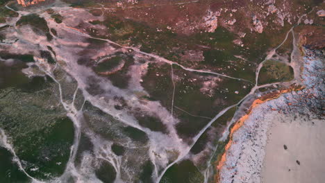 aerial view of rocky area and pathways on a coastline