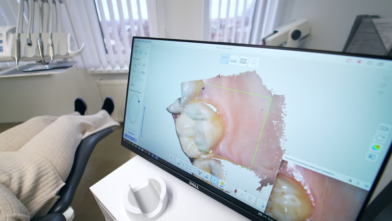 Large screen showing the micro shot of patient's teeth. Close up. Equipment in the modern dentistry cabinet of dental clinic.