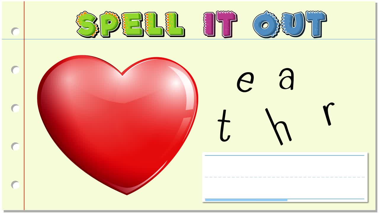 A playful animation with a heart icon and letters forming the word 'heart' in a colorful, educational style