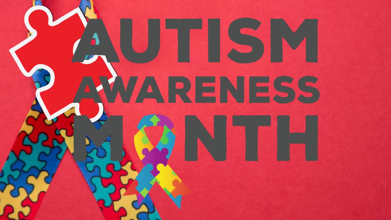Animazione di puzzle che cadono sul testo 'Mese della consapevolezza sull'autismo' e un nastro formato da puzzle