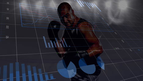 animation of graphs, charts and data processing on interface over male boxer and floodlights