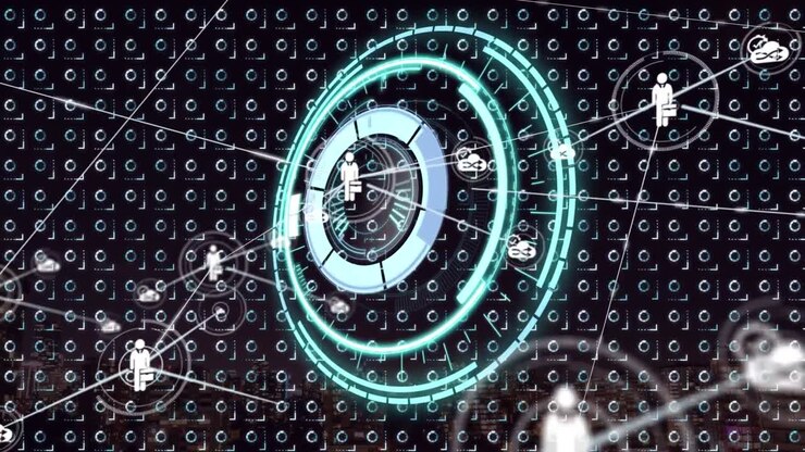 Animation of network of connection with icons over cityscape