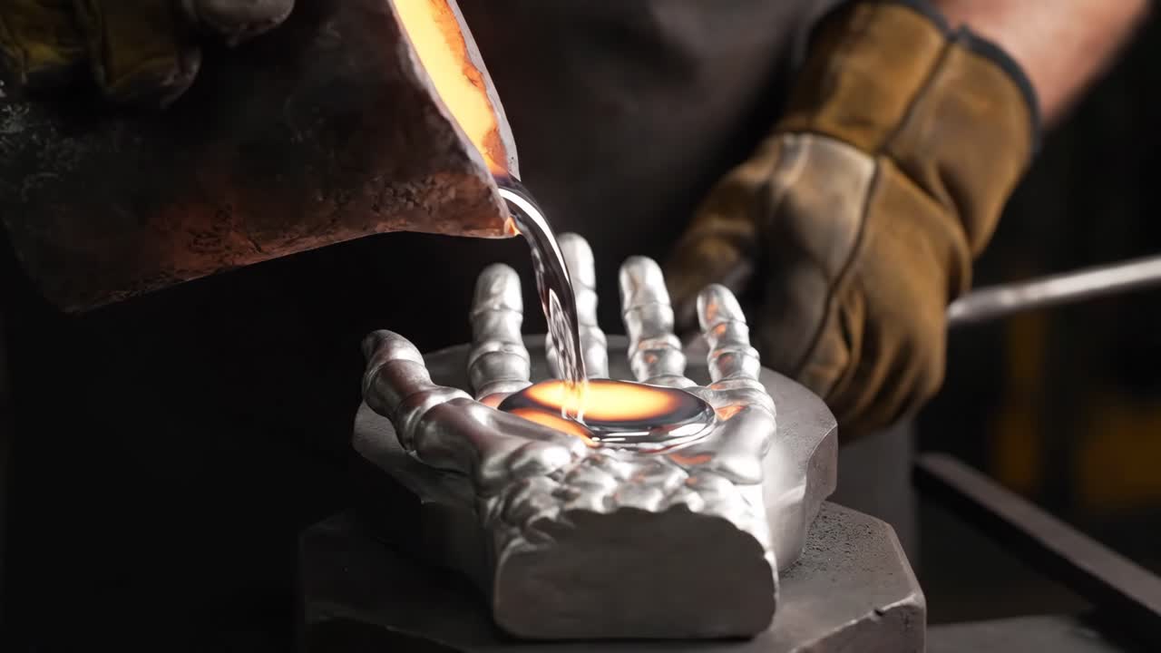 Molten Metal Being Poured into a Hand Mold