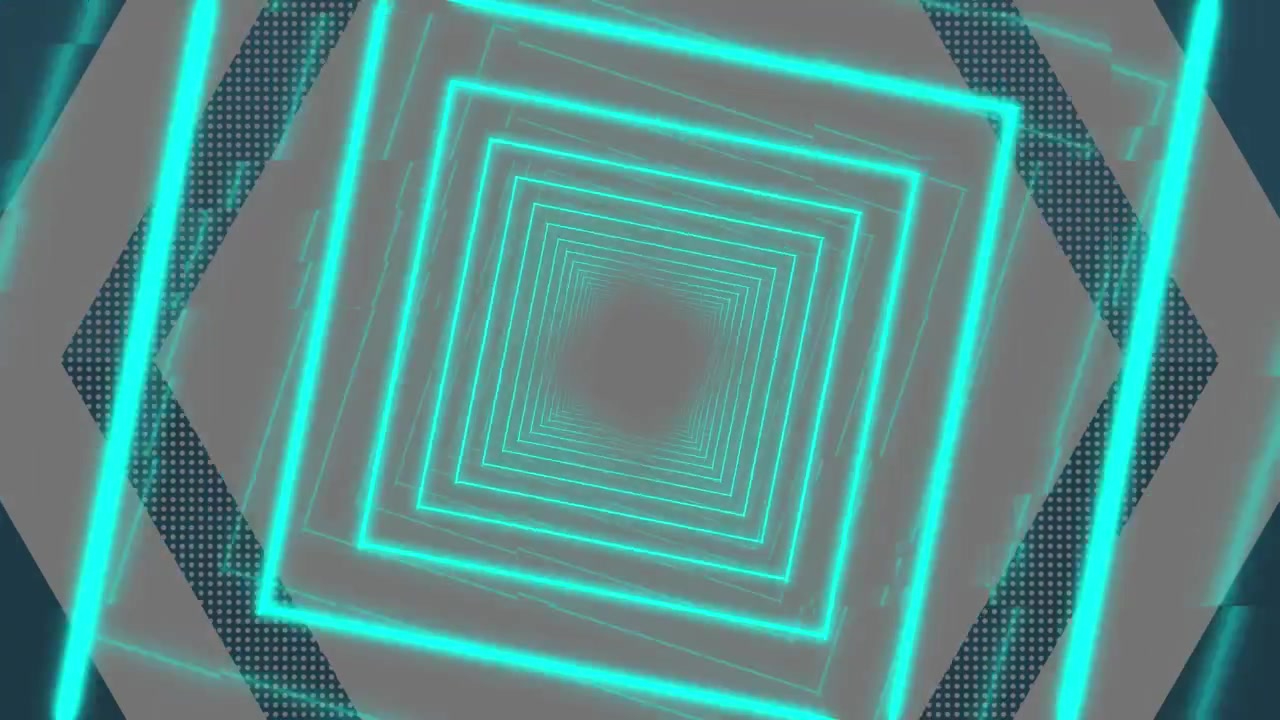 Animação de diamantes de néon azul que se distorcem movendo-se sobre hexágonos cinzentos, em fundo preto.