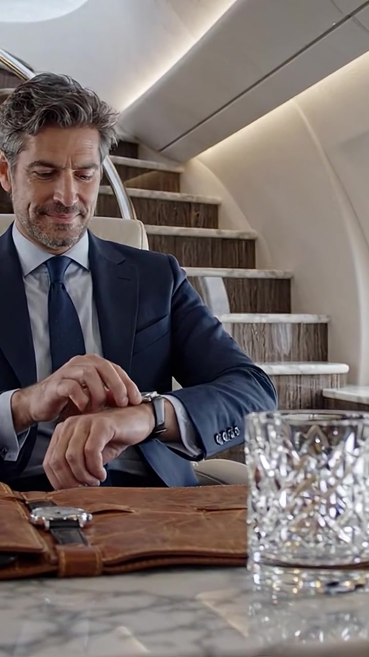 Uomo d'affari sicuro di sé che si rilassa nell'interno lussuoso di un jet privato con un sorriso accogliente e accessori eleganti che migliorano l'esperienza di viaggio d'élite