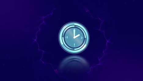 Animation-of-clock-and-blue-energy-on-dark-blue-background