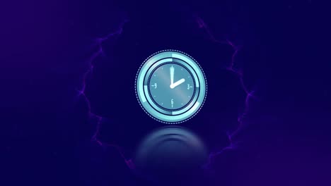 Animation-Von-Uhr-Und-Blauer-Energie-Auf-Dunkelblauem-Hintergrund