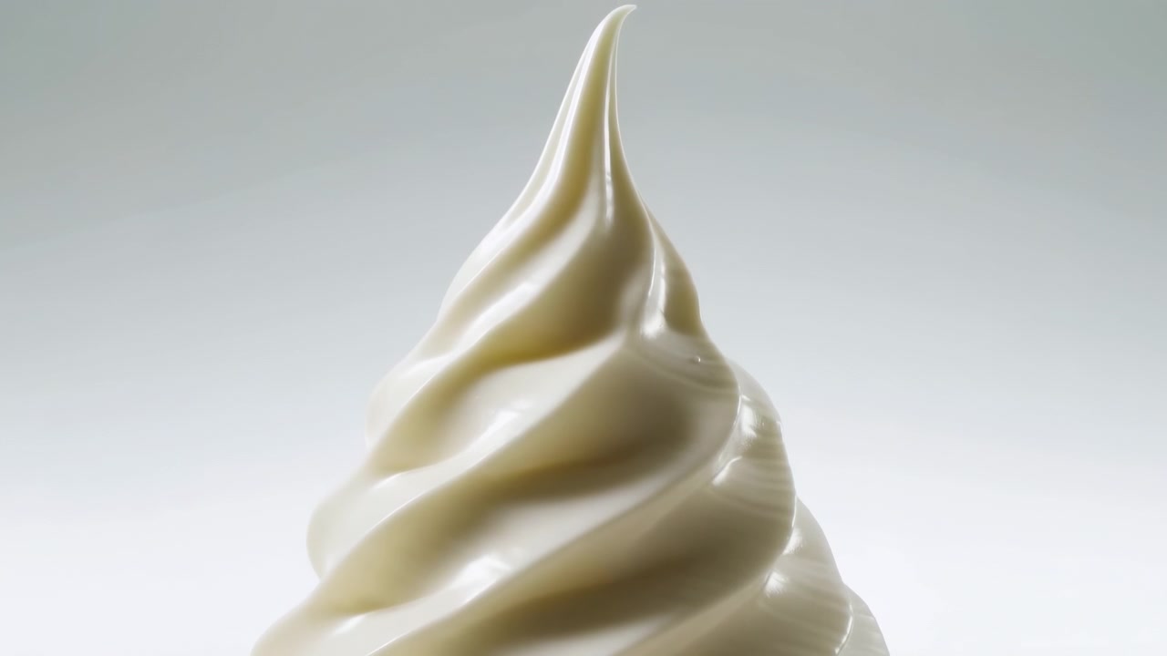 Primer plano de un remolino de helado suave con una punta afilada y crestas helicoidales bajo una luz de estudio suave, centrado sobre un fondo neutro, mostrando una textura cremosa, reflejos brillantes, forma minimalista elegante y refinada