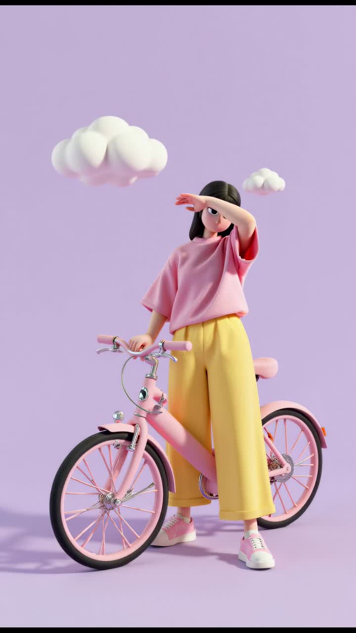 Cartoon girl with pink bicycle
