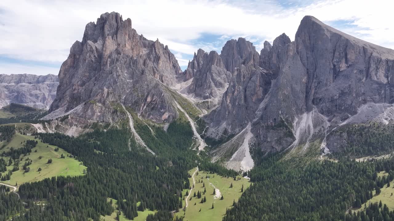 Langkofel massif from bird flight. The impressive mountain rises to over 3 kilometers in height