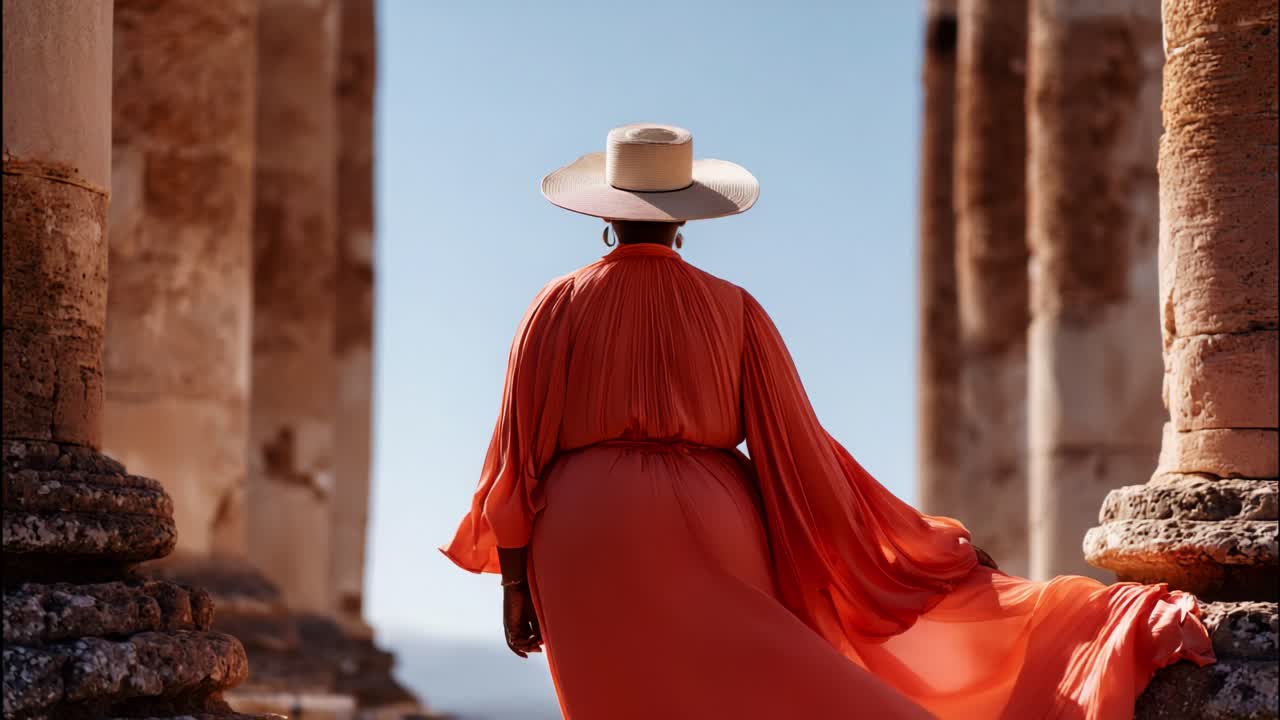 A Graceful Woman in an Elegant Coral Dress and Wide-Brimmed Hat Stands in an Ancient Ruin, Capturing a Moment of Serenity Against a Bright Sky