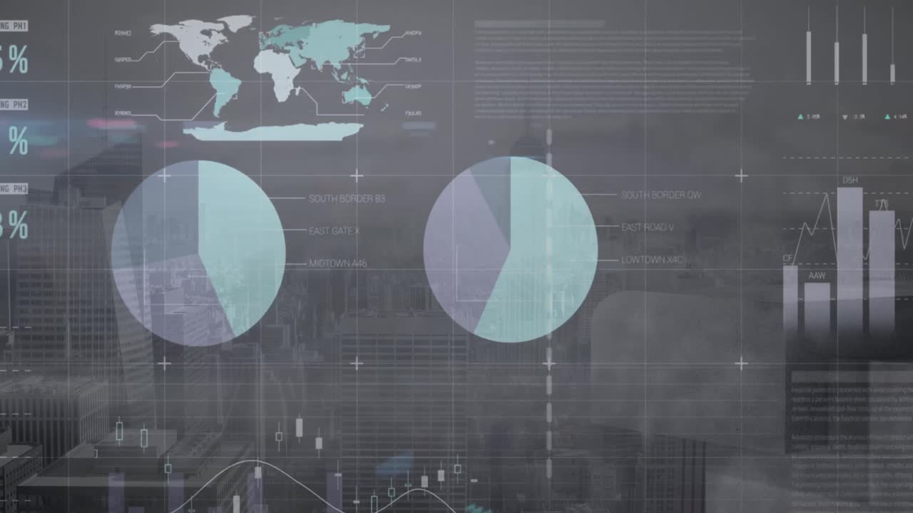 Animation of financial data processing over cityscape