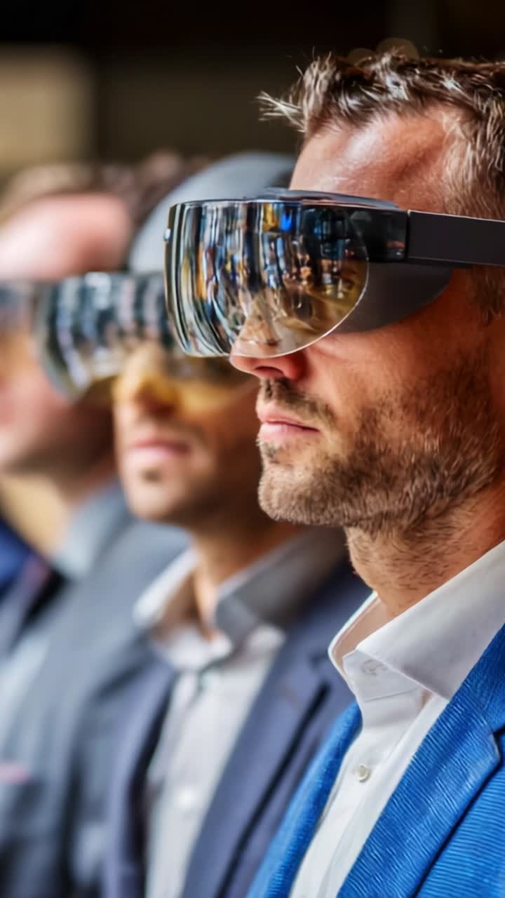 Group of Professionals Engaged in Technology Demonstration with Futuristic Augmented Reality Glasses Showcasing Innovative Digital Experiences and Collaborative Solutions