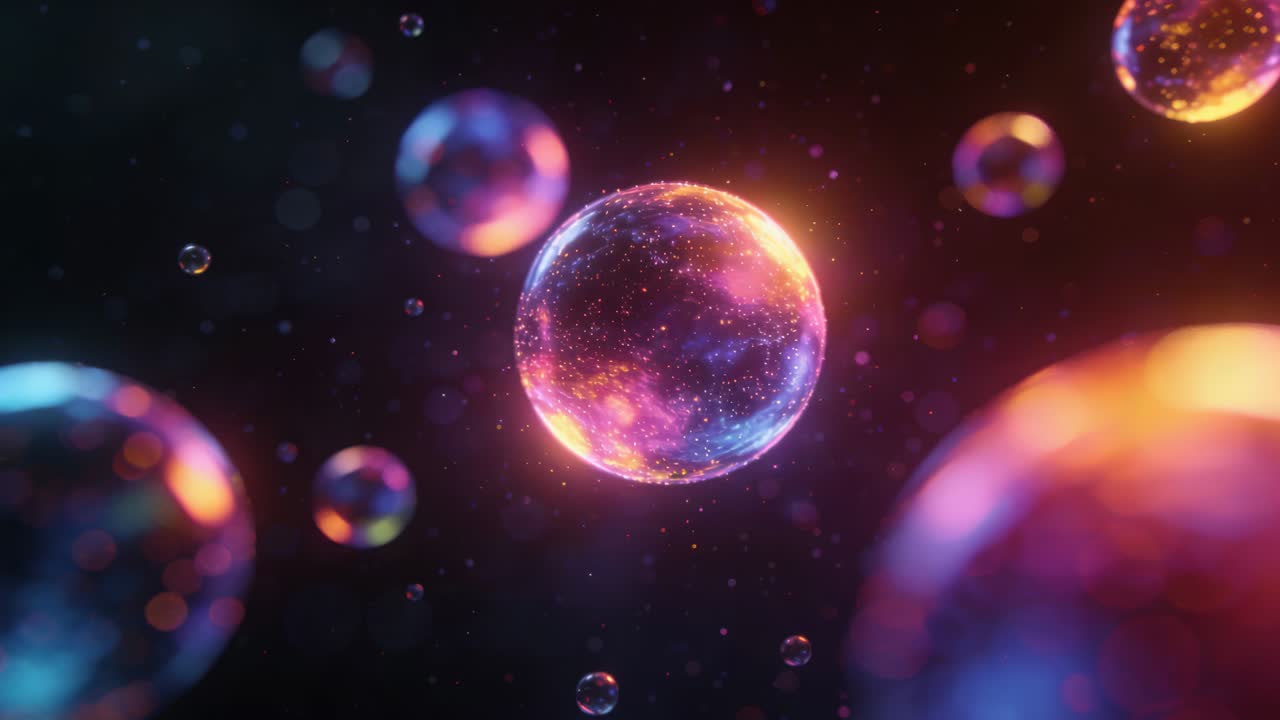 Indledende billeder viser en centralt glødende kugle, der roterer med glimmer, mens en højre bokeh-kugle bevæger sig.