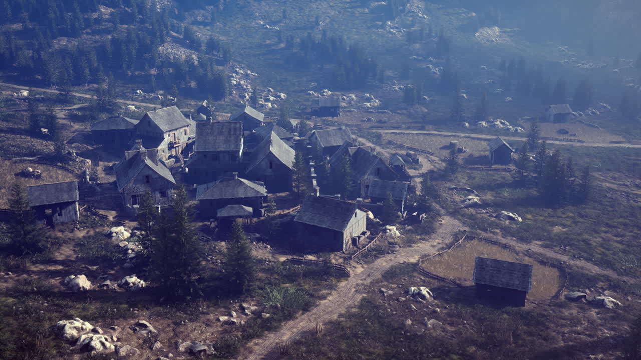 Overgrown village nestled in a lush mountainous landscape at sunset