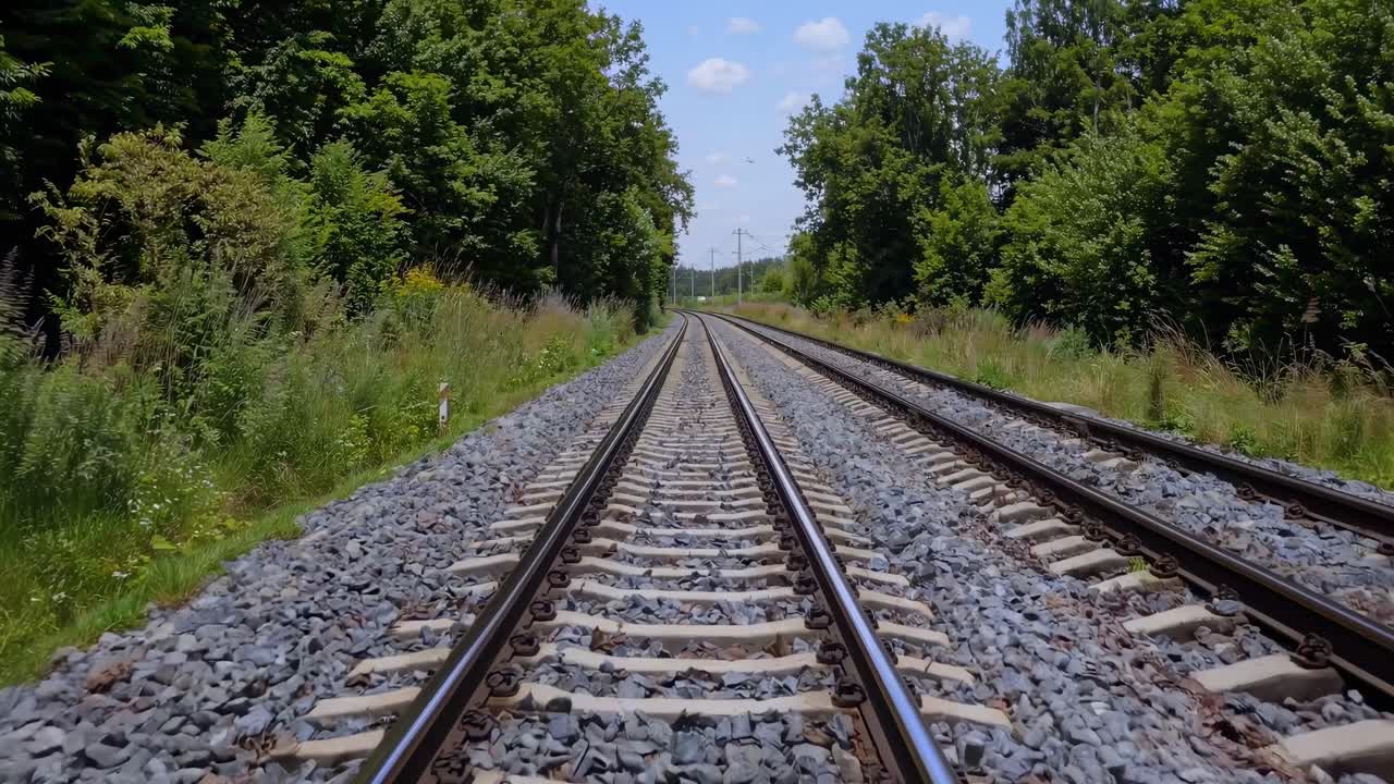 Low-angle video shot of parallel train tracks stretching into the distance, surrounded by lush