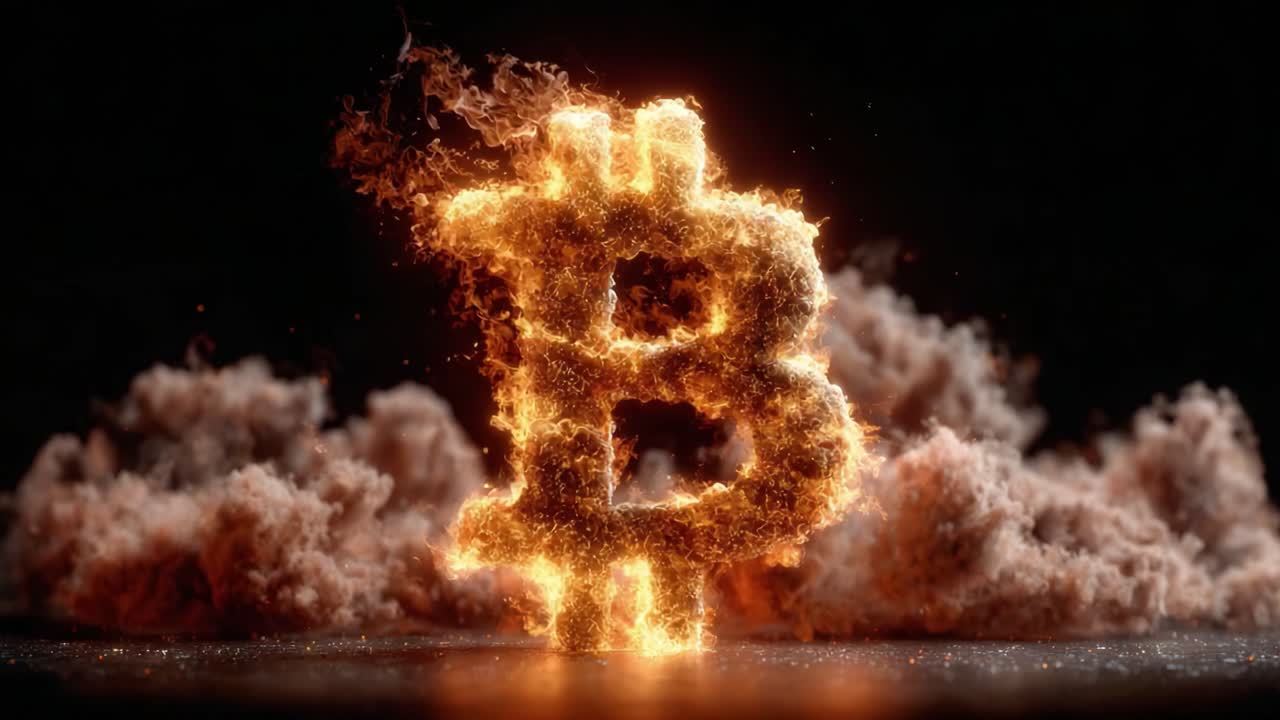 A Visually Striking Bitcoin Symbol Crafted with Flames and Smoke, Representing the Power and Intrigue of Cryptocurrency in the Digital Age
