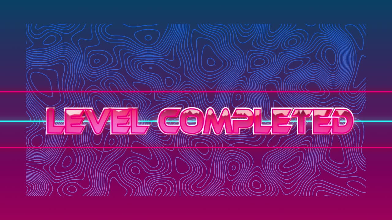 텍스트의 애니메이션, 레벨 완료, 반 ⁇ 이는 분홍색, 분홍색과 파란색에 움직이는 윤 ⁇  선 위에