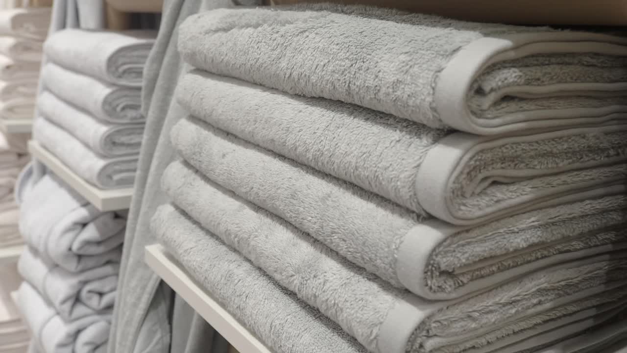 Stacked Gray and White Towels on Shelves