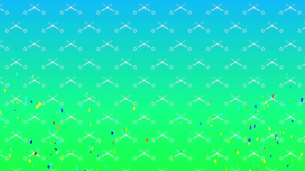그라디엔트 파란색에서 초록색 배경 위에 떨어지는 콘페티의 애니메이션