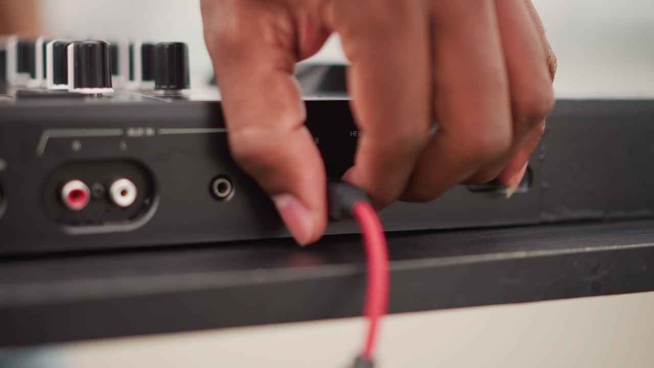 Hand plugging red cable into mixer port, closeup of audio jack and connectors on compact controller, fingertip alignment and precision, shallow depth of field, neutral tabletop, focused technical