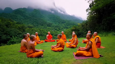 monks meditating in a serene mountain landscape