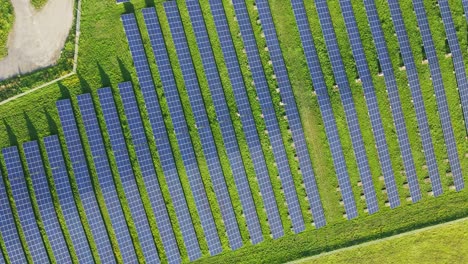 Top-down-aerial-of-long-rows-of-photovoltaic-solar-panels-in-a-solar-park-on-a-sunny-day