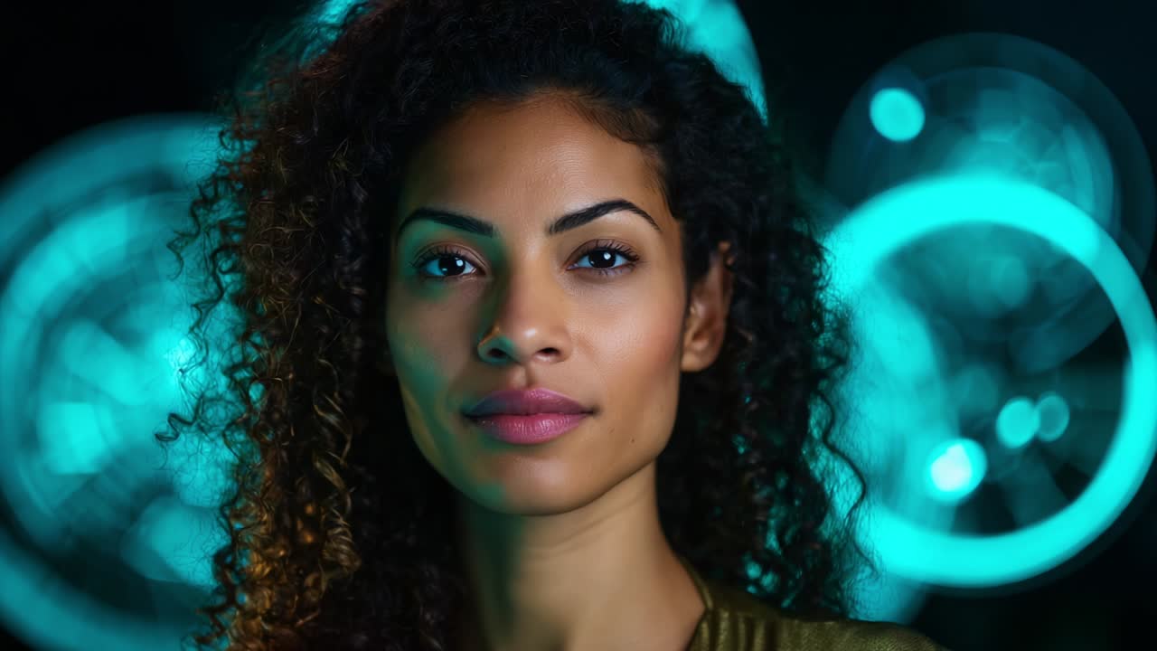 A Captivating Portrait of a Woman with Beautiful Curly Hair Emphasized by a Striking Background of Soothing Blue Lights, Highlighting Her Expressive Face and Confident Presence