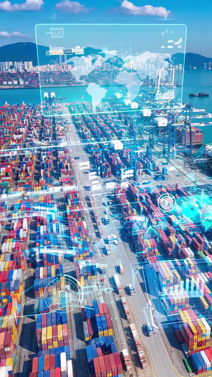 Aerial View of Smart Container Port with Digital Logistics Overlay