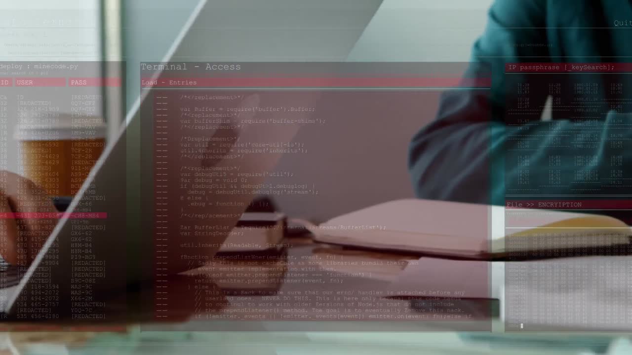 animazione dell'elaborazione dei dati su uomini d'affari caucasici che utilizzano dispositivi elettronici