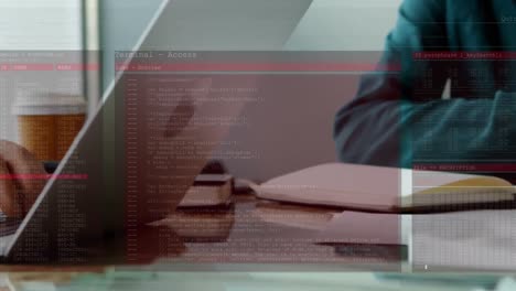 animación del procesamiento de datos sobre empresarios caucásicos que utilizan dispositivos electrónicos