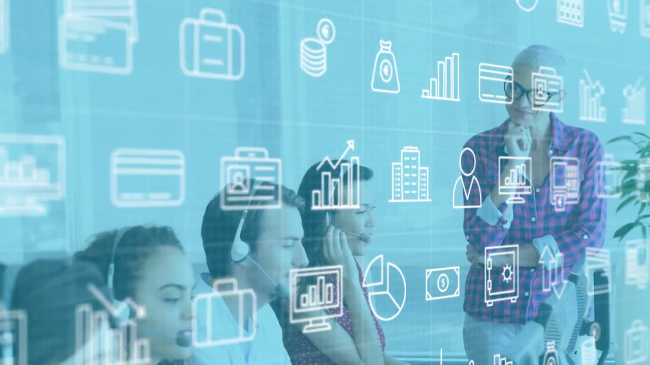 animación de iconos en línea sobre diversas personas de negocios que usan auriculares de teléfono