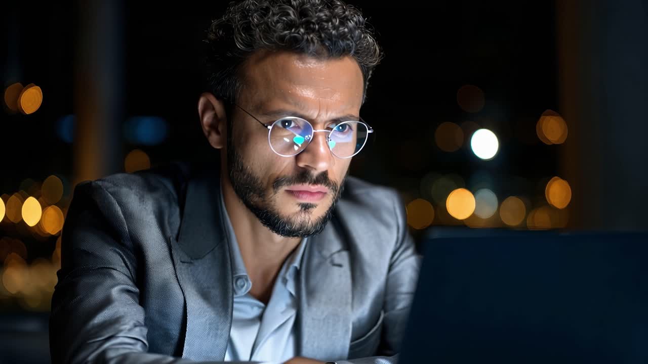 Focused Individual in Formal Attire Analyzes Data on Laptop Amidst a Nighttime Background of Soft Bokeh City Lights and Strategic Engagement
