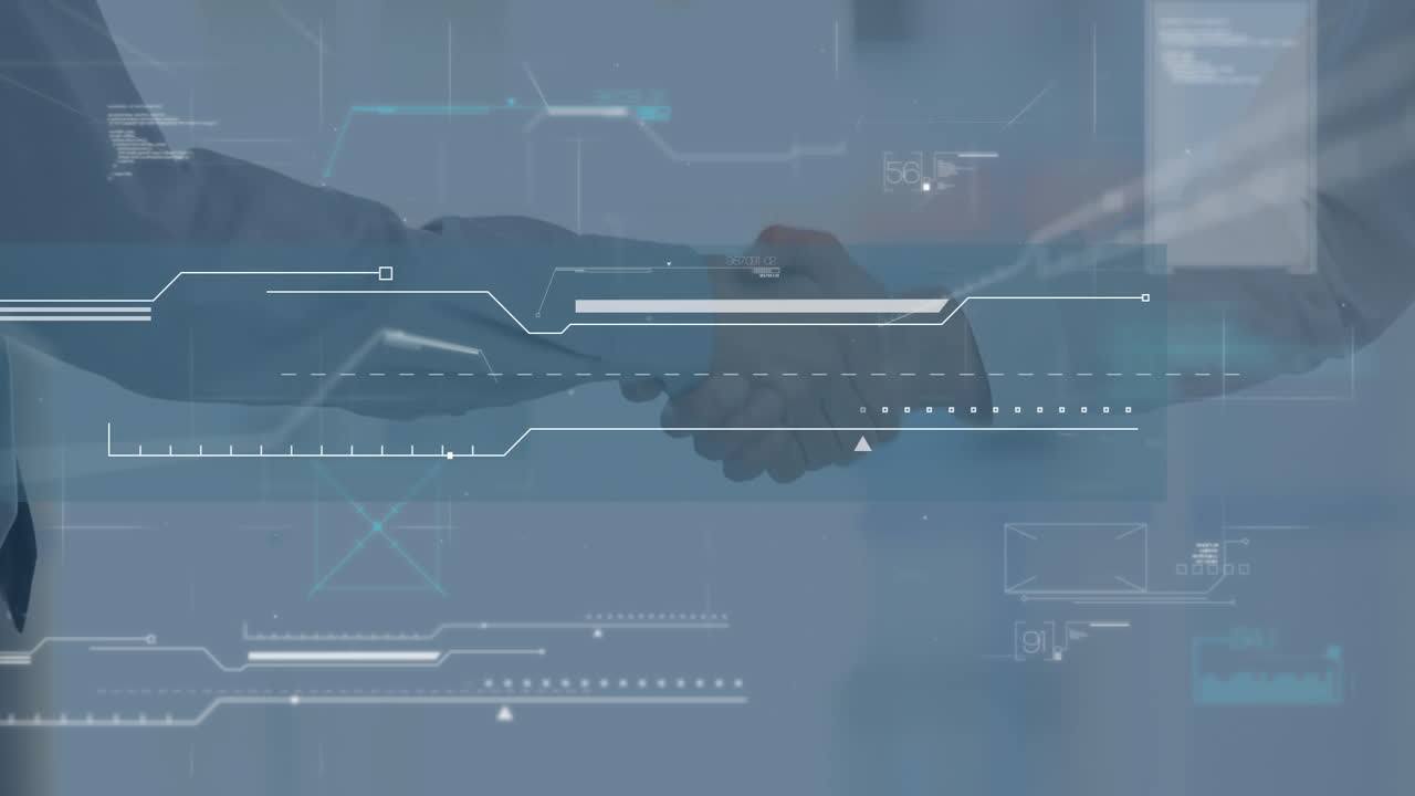 Animation of data processing over businessman handshake