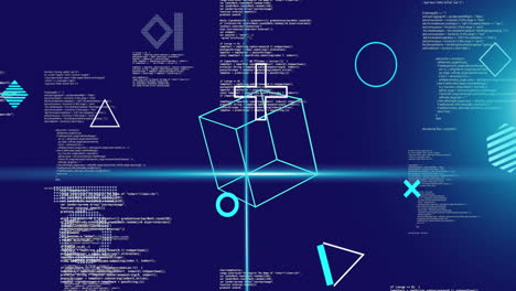 animation of rotating shapes and blue scanner beams over data processing on blue background