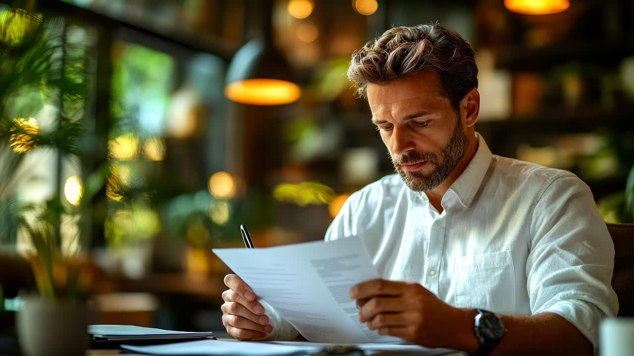 Man reads documents while sitting at a table in a bright cafe with plants in the background during the day