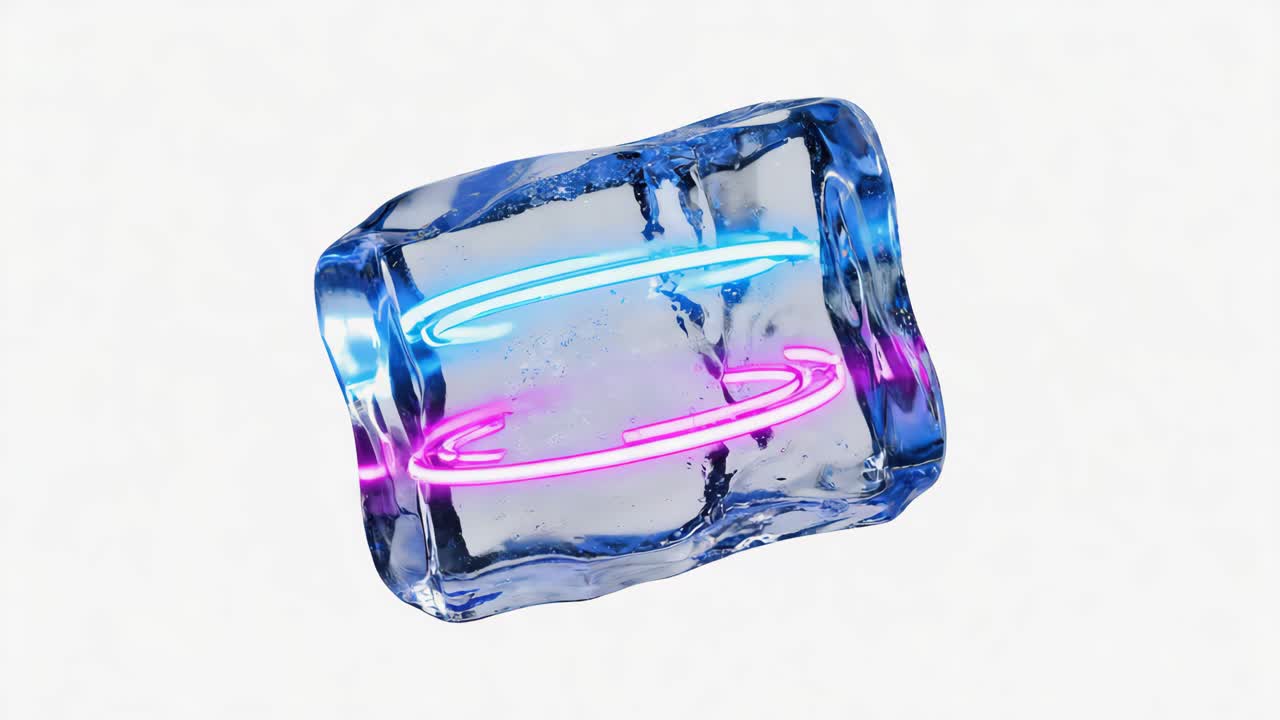 Vibrant Neon Rings Frozen in an Ice Cube